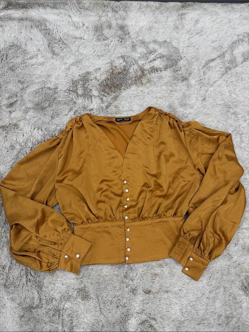 SHEIN Mustard V-Neck Pearl-Button Blouse